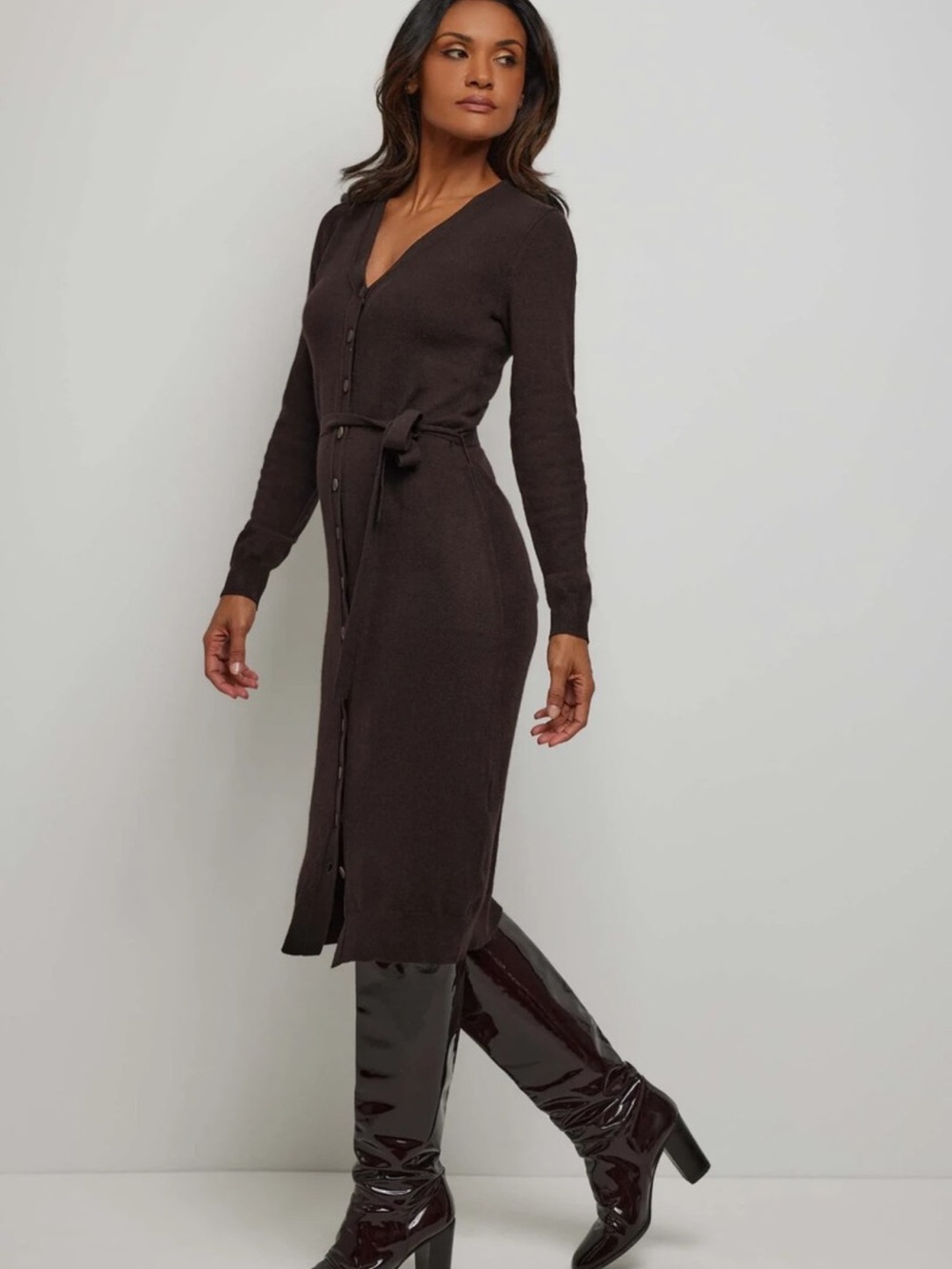 NWT ☕️ Anatomie Cashmere Wool Brown Button-Front V-Neck Belted Sweater Dress